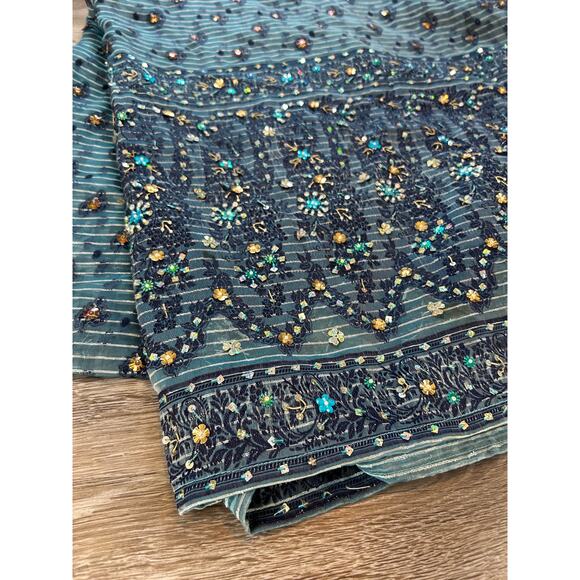 Vintage Beaded Sheer Tablecloth or Textile Panel Teal Mesh Sequin Floral 42x80 - Picture 2 of 6
